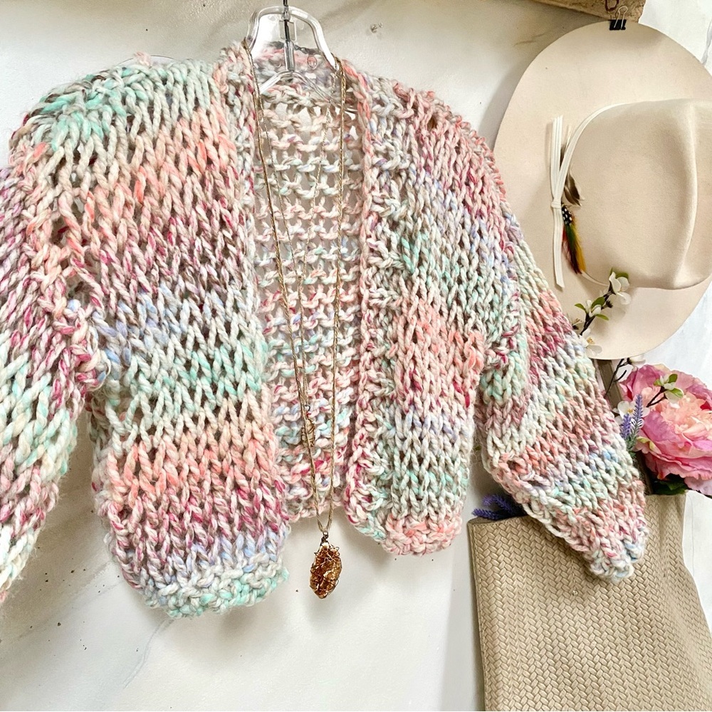 Artisan chunky knit cropped boho sweater w prairie shabby chic vibe - Picture 5 of 10